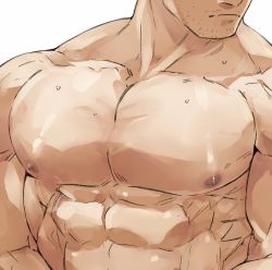 Rule 34 | 1boy, abs, bara, close-up, completely nude, facial hair, head out of frame, highres, large pectorals, looking away, male focus, muscular, muscular male, nipples, nude, pectoral focus, pectorals, shiny skin, solo, stubble, sweatdrop, tokyo houkago summoners, upper body, zabaniyan, zabaniyya (housamo)