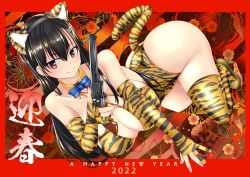 Rule 34 | 1girl, 2022, animal ears, animal print, ban linka, black hair, blue bow, blue bowtie, bow, bowtie, breasts, chinese zodiac, cleavage, closed mouth, colt 1851 navy, commentary, english text, fake animal ears, fake tail, fingerless gloves, floral background, folding fan, gloves, gun, hair ornament, hairclip, halterneck, hand fan, handgun, happy new year, high heels, highres, holding, holding fan, holding gun, holding weapon, large breasts, leotard, long hair, looking at viewer, lying, new year, on side, print gloves, print leotard, print thighhighs, revolver, smile, solo, tail, tapioca western, thighhighs, tiger ears, tiger print, tiger tail, tokihama jirou, translated, weapon, wing collar, year of the tiger, yellow footwear, yellow gloves, yellow leotard, yellow thighhighs