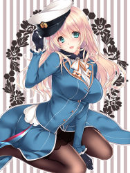 Rule 34 | 10s, 1girl, atago (kancolle), ayase hazuki, between thighs, black gloves, blonde hair, breasts, gloves, green eyes, hat, high heels, kantai collection, large breasts, long hair, looking at viewer, military, military uniform, open mouth, pantyhose, peaked cap, sitting, smile, solo, uniform, wariza