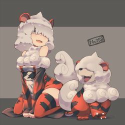 Rule 34 | 1girl, bare shoulders, claws, commentary request, creature and personification, creatures (company), fang, game freak, grey eyes, grey hair, hair over one eye, hisuian form, hisuian growlithe, kuromiya, long bangs, medium hair, nintendo, open mouth, orange thighhighs, personification, pokemon, pokemon (creature), pokemon ears, pokemon tail, smile, tail, thighhighs, tongue