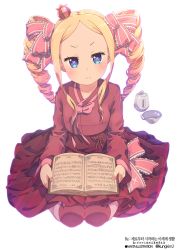 Rule 34 | &gt;:&lt;, 10s, 1girl, :&lt;, artist name, beatrice (re:zero), blonde hair, blue eyes, blush, book, bug, butterfly, butterfly-shaped pupils, closed mouth, collarbone, copyright name, crown, cup, drill hair, full body, glint, hair ribbon, hanbok, head tilt, insect, korean clothes, long hair, long sleeves, looking at viewer, mini crown, nakta, open book, pantyhose, parted bangs, pink ribbon, re:zero kara hajimeru isekai seikatsu, ribbon, seiza, sitting, solo, striped clothes, striped legwear, striped pantyhose, striped ribbon, symbol-shaped pupils, teacup, teapot, twin drills, twitter username, v-shaped eyebrows, very long hair, white background