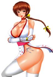 Rule 34 | 1girl, :d, absurdres, armor, ass, bare shoulders, blush, bow, braid, breast hold, breasts, brown eyes, brown hair, choker, cleavage, collarbone, covered erect nipples, cowboy shot, curvy, dead or alive, detached sleeves, from side, hair bow, highres, hip bones, japanese armor, japanese clothes, kasumi (doa), kirishima goro (55541), kote, large breasts, long hair, looking at viewer, looking to the side, matching hair/eyes, naughty face, no bra, no panties, open mouth, sash, single braid, smile, solo, thick thighs, thighhighs, thighs, white background, white thighhighs, yellow bow