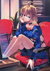 Rule 34 | .live, 1girl, ahoge, bike shorts, black choker, black shorts, blonde hair, blue eyes, blurry, blurry background, blush, breasts, chair, choker, closed mouth, commentary, computer, depth of field, feet out of frame, hair between eyes, hand on own cheek, hand on own face, highres, indoors, lamb (hitsujiniku), laptop, legs up, long sleeves, looking at viewer, medium breasts, screen light, short hair, shorts, sitting, smile, solo, thighs, ushimaki riko, virtual youtuber