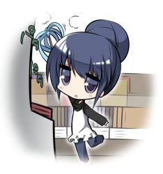 Rule 34 | 1girl, :o, arm up, black footwear, black shirt, blue hair, blue pants, blush, chibi, commentary request, dress, duster, dusting, holding, indoors, looking at viewer, pants, parted lips, purple eyes, shima rin, shirasu youichi, shirt, sidelocks, solo, standing, standing on one leg, white dress, yurucamp