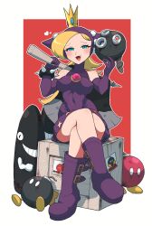 Rule 34 | 1girl, absurdres, bare shoulders, blonde hair, blue eyes, bob-omb, boots, border, box, bracelet, commentary request, covered erect nipples, covered navel, crossed legs, crown, elbow gloves, eyelashes, fang, gloves, highres, jewelry, long hair, mario (series), mario power tennis, mario tennis, nintendo, omura zojiki, open mouth, outside border, purple footwear, purple gloves, purple headwear, sitting, solo, spiked bracelet, spikes, warupeach, white border