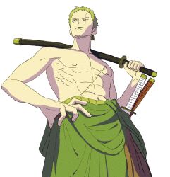 Rule 34 | 1boy, absurdres, cowboy shot, earrings, enaka67, from below, green hair, green kimono, hand on own hip, haramaki, highres, holding, holding sword, holding weapon, japanese clothes, jewelry, kimono, looking to the side, male focus, one eye closed, one piece, roronoa zoro, sash, scar, scar across eye, scar on chest, short hair, simple background, solo, sword, topless male, v-shaped eyebrows, weapon, white background