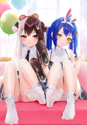 Rule 34 | 2girls, ahoge, amamiya kokoro, amamiya kokoro (8th costume), animal ears, balloon, bear ears, black necktie, blue hair, blue nails, blurry, blurry background, blush, brown footwear, brown hair, collared shirt, couch, crossed bangs, double-parted bangs, eyelashes, fake animal ears, feet, full body, grey hair, grey skirt, hair ornament, hands up, highres, holding, holding shoes, knees together feet apart, knees up, kou futoshi, legs, loafers, long hair, looking at viewer, miniskirt, multicolored hair, multiple girls, nail polish, necktie, nijisanji, no shoes, on couch, open mouth, paid reward available, panties, partially visible vulva, pink hair, pink panties, plaid, plaid skirt, rabbit ears, red eyes, shirt, shoes, sitting, skirt, socks, soles, spread toes, streaked hair, thighs, toes, twintails, two-tone hair, two side up, underwear, unworn shoes, virtual youtuber, white shirt, white socks, window, x hair ornament, yellow eyes, yorumi rena, yorumi rena (11th costume)