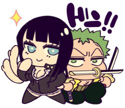 Rule 34 | 1boy, 1girl, black pants, blue eyes, blunt bangs, boots, chibi, extra arms, green eyes, haramaki, holding, holding sword, holding weapon, line sticker available, lowres, medium hair, nico robin, one piece, open clothes, open shirt, pants, roronoa zoro, scar, scar on chest, shirt, short hair, smile, sparkle, sword, v-shaped eyebrows, weapon, wl6yugi8go1, yellow shirt, zipper dress
