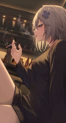 Rule 34 | 1girl, absurdres, black dress, blowing smoke, blue eyes, blush, breasts, cigarette, commentary, dress, english commentary, from side, gnns, grey hair, hair ornament, highres, holding, holding cigarette, indoors, long sleeves, looking at viewer, medium breasts, medium hair, original, parted lips, smoke, solo, sweater, sweater dress, virtual youtuber, x hair ornament