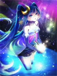 Rule 34 | 1055, 1girl, blue eyes, blue hair, constellation, crescent, crescent hair ornament, gemini (constellation), hair ornament, hatsune miku, highres, long hair, looking at viewer, matching hair/eyes, open mouth, ripples, skirt, snowflake hair ornament, solo, star (symbol), star hair ornament, thighhighs, twintails, very long hair, vocaloid, wading