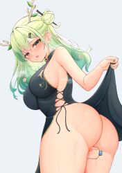Rule 34 | 1girl, absurdres, alternate costume, antlers, ass, between thighs, black dress, blush, breasts, ceres fauna, clothes lift, commentary, dress, dress lift, flower, green hair, green nails, hair bun, hair flower, hair ornament, hairpin, highres, hololive, hololive english, honon, horns, large breasts, lifted by self, looking at viewer, mole, mole under eye, nail polish, open mouth, side-tie dress, single hair bun, sleeveless, sleeveless dress, solo, virtual youtuber, yellow eyes