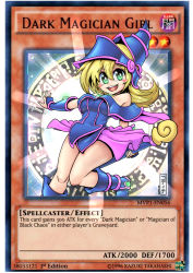 Rule 34 | 1girl, bare shoulders, blonde hair, blush stickers, boots, bracer, breasts, dark magician girl, godichi, green eyes, hair between eyes, hat, legs, long hair, looking at viewer, medium breasts, open mouth, pleated skirt, skirt, smile, solo, staff, standing, standing on one leg, teeth, text focus, tongue, upper teeth only, wizard hat, yu-gi-oh!, yu-gi-oh! card