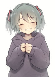 Rule 34 | 1girl, absurdres, aged down, akuto (akuto desu), alternate hair length, alternate hairstyle, aqua hair, black hoodie, closed eyes, grin, hair between eyes, hatsune miku, highres, hood, hoodie, own hands together, short hair, simple background, sleeves past wrists, smile, solo, twintails, upper body, vocaloid, white background