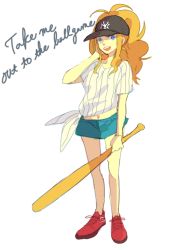 Rule 34 | 1girl, :d, alternate color, alternate costume, alternate hair color, arm at side, baseball bat, baseball cap, blue eyes, canari, commentary request, creatures (company), denim, english text, game freak, hand on own cheek, hand on own face, hat, high ponytail, hilda (pokemon), holding, holding baseball bat, jeans, messy hair, navel, new york yankees, nintendo, open mouth, orange hair, pants, poke ball symbol, pokemon, pokemon bw, red footwear, shirt, shoelaces, shoes, short shorts, short sleeves, shorts, sidelocks, simple background, smile, sneakers, solo, striped clothes, striped shirt, teeth, tied shirt, white background