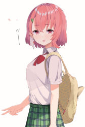 Rule 34 | 1girl, absurdres, akagikou, backpack, bag, bow, breasts, closed mouth, collared shirt, commentary request, dress shirt, earrings, green skirt, hair between eyes, hair ornament, hairclip, highres, jewelry, looking at viewer, looking to the side, multicolored hair, nijisanji, pink hair, plaid, plaid skirt, pleated skirt, red bow, red eyes, sasaki saku, sasaki saku (1st costume), shirt, short sleeves, simple background, skirt, small breasts, solo, streaked hair, tongue, tongue out, v, virtual youtuber, white background, white hair, white shirt