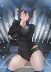 Rule 34 | 1girl, arm under breasts, black jacket, black shirt, blue hair, breasts, chanary, commentary, cowboy shot, gym shorts, hair between eyes, hand on own chin, headgear, jacket, kantai collection, large breasts, light rays, looking at viewer, open clothes, open jacket, shiny skin, shirt, short hair, shorts, smile, solo, stage, tenryuu (kancolle), thighhighs, yellow eyes