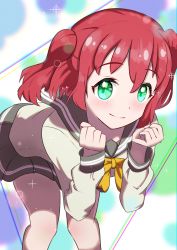 Rule 34 | 1girl, absurdres, aqua eyes, artist name, artist request, bare legs, blush, bow, bowtie, breasts, clenched hands, close-up, collarbone, female focus, green eyes, grey skirt, hair between eyes, highres, kurosawa ruby, leaning forward, long sleeves, looking at viewer, love live!, love live! sunshine!!, miniskirt, orange bow, parted lips, plaid, plaid skirt, pleated, pleated skirt, red hair, sailor collar, school uniform, shirt, short hair, skirt, small breasts, smile, solo, sparkle, twintails, two side up, uranohoshi school uniform, white shirt