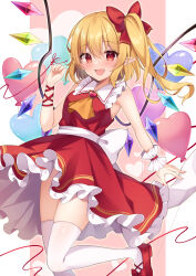 Rule 34 | 1girl, absurdres, ascot, balloon, blonde hair, blush, crystal, dress, flandre scarlet, frilled dress, frills, hair between eyes, heart balloon, highres, long hair, miy@, open mouth, pointy ears, red dress, red eyes, red footwear, shoes, side ponytail, sleeveless, sleeveless dress, smile, solo, thighhighs, touhou, white thighhighs, wings, yellow ascot