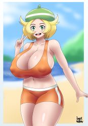 Rule 34 | 1girl, absurdres, azraelwebster, belly, bianca (pokemon), blonde hair, blush, breasts, covered erect nipples, creatures (company), game freak, green eyes, green hat, hat, highres, huge breasts, looking at viewer, nintendo, one-piece swimsuit, open mouth, orange one-piece swimsuit, pokemon, pokemon bw, smile, solo, swimsuit, thighs