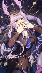 Rule 34 | 1girl, aqua nails, arknights, black flower, black rose, black thighhighs, black veil, bodystocking, braid, commentary request, covering own mouth, cowboy shot, flower, covering own mouth, hands up, head wings, highres, long hair, long sleeves, looking at viewer, manticore (arknights), manticore (under a veil) (arknights), official alternate costume, pointy ears, red eyes, rose, scorpion tail, sidelocks, solo, tail, thighhighs, twin braids, veil, very long hair, wings, wu yang
