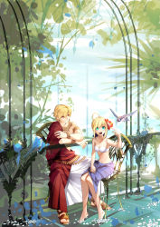 Rule 34 | 1boy, 1girl, absurdres, ahoge, aqua eyes, artoria pendragon (fate), bad id, bad pixiv id, barefoot, bird, bracelet, earrings, fate/zero, fate (series), flower, full body, gilgamesh (fate), hair flower, hair ornament, hair ribbon, highres, jewelry, lilin99jh, navel, necklace, open mouth, red eyes, ribbon, saber (fate), sandals, sarong, smile, toga