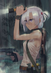 Rule 34 | 1girl, 40mm grenade, 40x46 lv hedp m433, 40x46mm lv, ammunition, ammunition belt, anti-materiel cartridge, belt, beretta 92, between breasts, black choker, blunt ends, bob cut, break-action grenade launcher, breasts, brown belt, cannon cartridge, choker, closed mouth, commentary request, dual-purpose cartridge, explosive, flashlight, frown, grenade, grenade cartridge, grenade launcher, gun, hair tie, handgun, high-explosive anti-tank (warhead), high-explosive cartridge, high-explosive dual-purpose cartridge, holding, holding flashlight, holding gun, holding weapon, large-caliber cartridge, looking to the side, m79, magazine (weapon), military, night, one side up, original, outdoors, over shoulder, partial commentary, purple eyes, rain, rifle, samaru (seiga), shirt, silver hair, solo, standing, subsonic ammunition, tank top, watch, weapon, weapon over shoulder, wet, wet clothes, wet shirt, white shirt, wristwatch