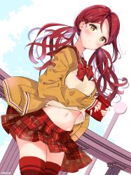 Rule 34 | 1girl, absurdres, blue sky, blush, bow, bowtie, checkered clothes, checkered skirt, closed mouth, cloud, cloudy sky, cowboy shot, day, hair ornament, hairclip, heart, heart hair ornament, highres, holding, long hair, looking at viewer, love live!, love live! school idol festival, love live! sunshine!!, low twintails, midriff, navel, outdoors, red bow, red bowtie, red hair, red sailor collar, red skirt, red thighhighs, ribbon, sailor collar, sakurauchi riko, signature, skirt, sky, sleeves past wrists, solo, standing, thighhighs, twintails, uniform, yamada 328, yellow eyes