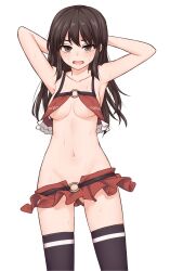 Rule 34 | 1girl, adapted costume, armpits, arms behind head, arms up, bare arms, black hair, black thighhighs, blush, breast curtains, breasts, brown eyes, collarbone, commentary, frills, gluteal fold, groin, hakurei reimu, highres, long hair, looking at viewer, medium breasts, microskirt, miyo (ranthath), navel, no panties, o-ring, open mouth, red skirt, simple background, skirt, solo, stomach, sweat, thighhighs, touhou, underboob, white background