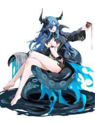 Rule 34 | 1girl, absurdres, azur lane, barefoot, black coat, black horns, blue eyes, blue hair, breasts, coat, crossed legs, cup, hair between eyes, hand on own knee, hand up, highres, holding, holding cup, horns, kirschma, large breasts, mary celeste (azur lane), navel, open clothes, open coat, open mouth, pointy ears, revealing clothes, simple background, sitting, smile, solo, stomach, suction cups, tentacles, toes, torn clothes, white background