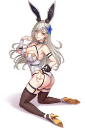 Rule 34 | 1girl, absurdres, animal ears, arm strap, ass, bare shoulders, black thighhighs, breasts, bridal gauntlets, cleavage, closed mouth, eyes visible through hair, fake animal ears, from behind, full body, grey hair, hair ornament, hairband, high heels, highres, large breasts, leotard, long hair, looking at viewer, looking back, original, playboy bunny, rabbit ears, sakiyamama, simple background, solo, thighhighs, thighs, white background, white hairband, white leotard, yellow eyes