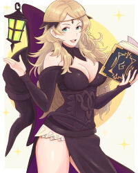 Rule 34 | absurdres, ahoge, alternate costume, bare shoulders, blonde hair, blue eyes, book, breasts, circlet, detached collar, fire emblem, fire emblem fates, hat, highres, holding, holding book, large breasts, looking at viewer, nintendo, open mouth, ophelia (fire emblem), teeth, truejekart, turtleneck, upper teeth only, witch, witch hat