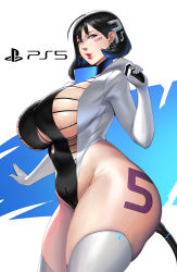 Rule 34 | 1girl, ahoge, belly, black hair, blue eyes, breasts, collar, commentary, game console, highleg, highleg leotard, huge breasts, leotard, lipstick, looking at viewer, makeup, parted lips, personification, playstation 5, plump, product girl, ps5 chan, revealing clothes, shiny clothes, shiny skin, short hair, sideboob, skin tight, skindentation, solo, sony, thick thighs, thighhighs, thighs, underboob, white thighhighs, wide hips, yuzhou