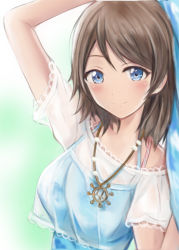 Rule 34 | 1girl, arm above head, arm up, blue eyes, blue tank top, blurry, blurry background, blush, breasts, brown hair, crop top, halftone, halftone background, jewelry, looking at viewer, love live!, love live! sunshine!!, medium breasts, medium hair, nannacy7, necklace, off shoulder, parted bangs, see-through, see-through sleeves, ship&#039;s wheel, shirt, short sleeves, simple background, smile, solo, tank top, towel, upper body, watanabe you, white shirt