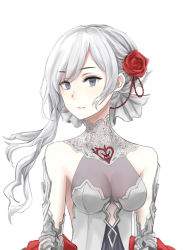 Rule 34 | 1girl, arms at sides, blue eyes, blush, breasts, cleavage, dress, hair between eyes, highres, long hair, sinoalice, smile, snow white (sinoalice), solo, white hair