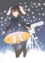 Rule 34 | 1girl, :d, absurdres, animal ears, bad id, bad twitter id, black shirt, blouse, blue dress, blush, boots, brown footwear, brown hair, cross-laced footwear, dress, highres, inaba tewi, lace-up boots, lolita fashion, long sleeves, looking at viewer, open mouth, pantyhose, rabbit ears, red eyes, shirt, short hair, sky, smile, solo, star (sky), star (symbol), starry sky, telescope, touhou, tsukiori, white pantyhose