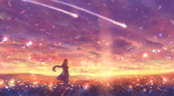 Rule 34 | 1girl, capelet, cloud, cloudy sky, dress, dusk, field, floating hair, grass, light particles, long hair, looking at viewer, nature, original, outdoors, sakimori (hououbds), scenery, shooting star, sky, solo, standing, sunset, traditional clothes, wind