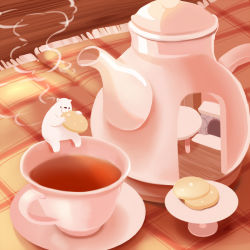 Rule 34 | bear, chai (drawingchisanne), cookie, cup, food, indoors, no humans, original, sitting, steam, table, tablecloth, tea, teacup, teapot
