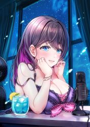 1girl absurdres babydoll blue_eyes blush bracelet breast_rest breasts chair cleavage commentary_request curtains desk drink food fruit glass hair_between_eyes highres ice_cream jewelry large_breasts lemon lemon_slice long_hair microphone night oomune_tayuyu purple_babydoll purple_hair sidelocks sitting solo star_(sky) strap_slip tama_project v-mag virtual_youtuber window