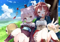 Rule 34 | 2girls, ;d, atelier (series), atelier sophie, bare shoulders, blouse, blue sky, blush, boots, breasts, brown eyes, brown hair, closed mouth, cloud, cloudy sky, coat, cone hair bun, corneria (atelier), corset, day, female focus, frilled skirt, frills, hair bun, head scarf, headpiece, knees together feet apart, looking at viewer, lying, medium breasts, multiple girls, off shoulder, on back, one eye closed, open clothes, open coat, open mouth, outdoors, outstretched arm, pink eyes, pink hair, red skirt, shirt, short hair, silver hair, sitting, skirt, sky, smile, sophie neuenmuller, tousaki shiina, tree, white shirt