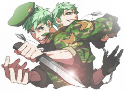 Rule 34 | 1boy, bad id, bad pixiv id, beret, chain, dog tags, dual persona, fatigues, flippy (happy tree friends), green eyes, green hair, happy tree friends, hat, knife, kurara, male focus, military, military uniform, personification, simple background, uniform, white background