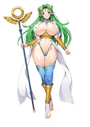 Rule 34 | 1girl, blue eyes, blue thighhighs, blush, breasts, cleavage, covered erect nipples, earrings, elf, fantasy, full body, gluteal fold, green hair, highleg, highleg panties, huge breasts, jewelry, long hair, looking at viewer, mature female, panties, pointy ears, revealing clothes, smash daisaku, smile, solo, staff, thigh gap, thighhighs, underwear