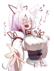 Rule 34 | 1girl, ^ ^, animal ears, bare shoulders, blush, breasts, collar, colored eyelashes, detached sleeves, closed eyes, fang, fox ears, hair ribbon, japanese clothes, large breasts, long hair, obi, open mouth, original, outstretched arms, ponytail, ribbon, sakura inu, sash, simple background, smile, solo, spread arms, translated, very long hair, white background, white hair