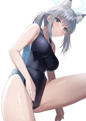 Rule 34 | 1girl, animal ear fluff, animal ears, blue archive, blue eyes, breasts, closed mouth, commentary request, competition swimsuit, covered navel, cross hair ornament, grey hair, hair ornament, halo, highres, kurowan, large breasts, looking at viewer, official alternate costume, one-piece swimsuit, shiroko (blue archive), shiroko (swimsuit) (blue archive), short hair, simple background, solo, swimsuit, thighs, white background