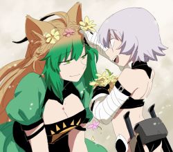 Rule 34 | 2girls, :d, ahoge, animal ears, asaya minoru, atalanta (fate), bad id, bad twitter id, bandaged arm, bandages, bare shoulders, black gloves, black shirt, breasts, cat ears, cleavage, closed mouth, dagger, dress, eye contact, fate/apocrypha, fate/grand order, fate (series), flower, gloves, gradient hair, green dress, green eyes, green hair, hair between eyes, hair flower, hair ornament, holding, holding flower, jack the ripper (fate/apocrypha), knife, light brown hair, long hair, looking at another, medium breasts, multicolored hair, multiple girls, open mouth, pink flower, puffy short sleeves, puffy sleeves, scar, scar across eye, scar on face, sheath, sheathed, shirt, short hair, short sleeves, sidelocks, silver hair, single glove, sleeveless, sleeveless shirt, smile, very long hair, weapon, yellow flower