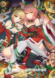 Rule 34 | 10s, 2girls, absurdres, animal ears, bell, black legwear, blonde hair, blush, bow, breasts, candy, candy cane, chess piece, chessboard, christmas, cleavage, closed mouth, envelope, fate/extra, fate/grand order, fate (series), food, fox ears, fox tail, gift, green bow, green eyes, green ribbon, hair ornament, hat, heart, high heels, highres, hongse beiyu, large breasts, long hair, looking at another, looking at viewer, multiple girls, nero claudius (bride) (fate), nero claudius (fate), nero claudius (fate) (all), parted lips, pink hair, ribbon, santa costume, santa hat, short hair, sitting, smile, star (symbol), stuffed animal, stuffed toy, tail, tamamo (fate), tamamo no mae (fate/extra), teddy bear, thighhighs, white legwear, yellow eyes