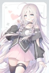Rule 34 | 1girl, :d, ahoge, bad id, bad pixiv id, black choker, black jacket, black thighhighs, blue eyes, braid, choker, collarbone, commentary request, grey background, grey hair, hair between eyes, hair ornament, hairclip, hand up, heart, highres, ia (vocaloid), jacket, long sleeves, looking at viewer, murano, open mouth, pink skirt, pleated skirt, puffy long sleeves, puffy sleeves, single thighhigh, skirt, sleeves past wrists, smile, solo, thighhighs, two-tone background, vocaloid, white background