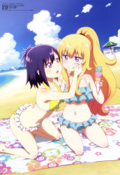 Rule 34 | 10s, 2girls, :d, absurdres, barefoot, beach, bikini, blanket, blonde hair, blue bikini, blue eyes, blush, cloud, collarbone, day, feet, food, food on face, frilled bikini, frills, from side, front-tie top, gabriel dropout, gabriel tenma white, hair ornament, hairclip, highres, ice cream, kneeling, kuwabara naoko, long hair, megami magazine, multiple girls, navel, o3o, official art, open mouth, outdoors, ponytail, purple eyes, purple hair, scan, short hair, sky, smile, swimsuit, vignette tsukinose april, wide ponytail, wiping face, x hair ornament, yellow bikini