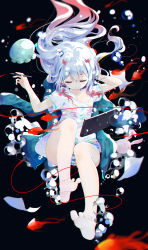 Rule 34 | 10s, 1girl, barefoot, blurry, bubble, chromatic aberration, closed eyes, depth of field, drawing tablet, eromanga sensei, feet, hand on own head, highres, izumi sagiri, no pants, panties, smile, solo, striped clothes, striped panties, underwater, underwear, white hair, yamano (yamanoh)