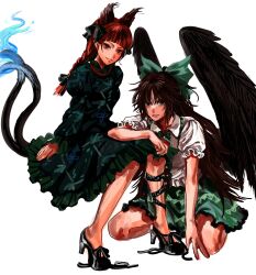 Rule 34 | 2girls, absurdres, animal ears, black wings, blunt bangs, bow, braid, breasts, cat ears, commentary request, dress, extra ears, flame-tipped tail, full body, green bow, green skirt, hair bow, high heels, highres, kaenbyou rin, korean commentary, kuya (hey36253625), light smile, long hair, medium breasts, multiple girls, multiple tails, nekomata, red eyes, red hair, reiuji utsuho, revision, shirt, skirt, tail, touhou, twin braids, two tails, wings