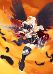 Rule 34 | 1girl, angel wings, black dress, black socks, black wings, blonde hair, cape, claw (weapon), closed mouth, commentary request, dress, feathered wings, flying, full body, holding, holding lance, holding polearm, holding weapon, ikusabe lu, kneehighs, lance, long hair, looking at viewer, lowres, orange sky, polearm, ragnarok online, red cape, red eyes, sky, socks, solo, sunset, valkyrie, valkyrie randgris, visor (armor), weapon, wings